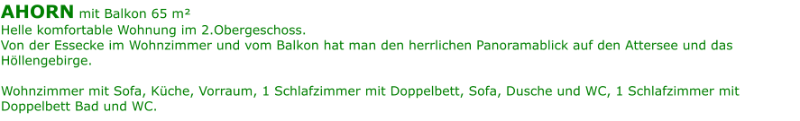 AHORN mit Balkon 65 m²  Helle komfortable Wohnung im 2.Obergeschoss. Von der Essecke im Wohnzimmer und vom Balkon hat man den herrlichen Panoramablick auf den Attersee und das Höllengebirge.   Wohnzimmer mit Sofa, Küche, Vorraum, 1 Schlafzimmer mit Doppelbett, Sofa, Dusche und WC, 1 Schlafzimmer mit Doppelbett Bad und WC.